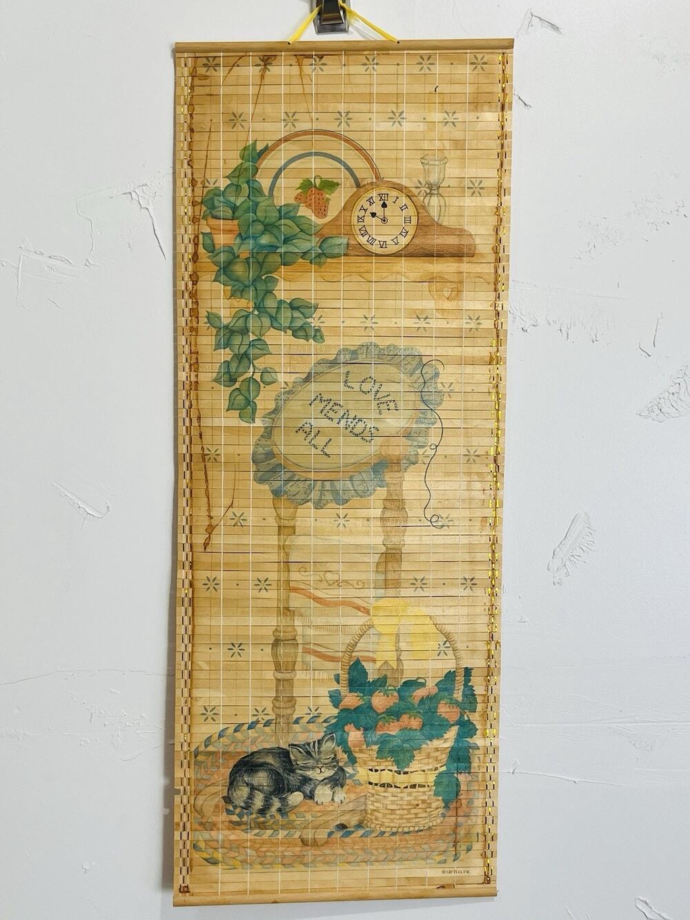 Giftco Bamboo Scroll Calendar 1987 Double Sided Wall Hanging Kitty Cat 32" x 12"